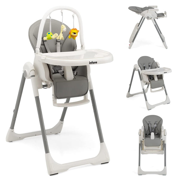 Chaise haute pliable pour bébés et tout-petits, 7 hauteurs différentes, 4 sièges à dossier inclinables, repose-pieds à 3 réglages, plateau amovible, roues arrière intégrées avec serrures (gris)