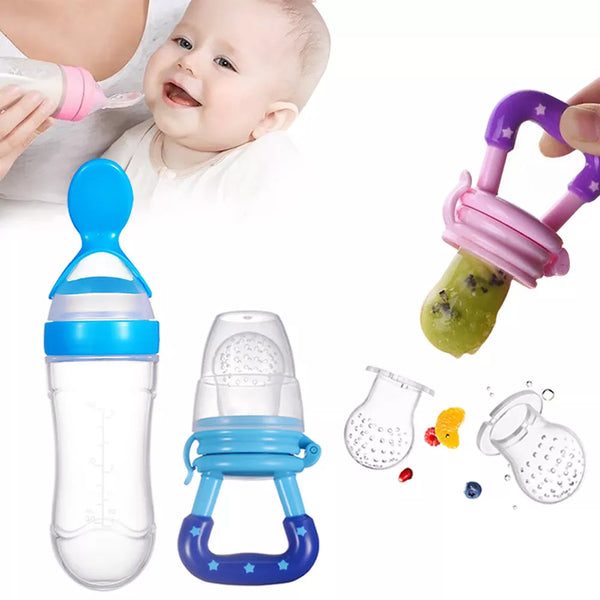 Silicone baby bottle/spoon and pacifier. Biter for food products. 3 sizes included.